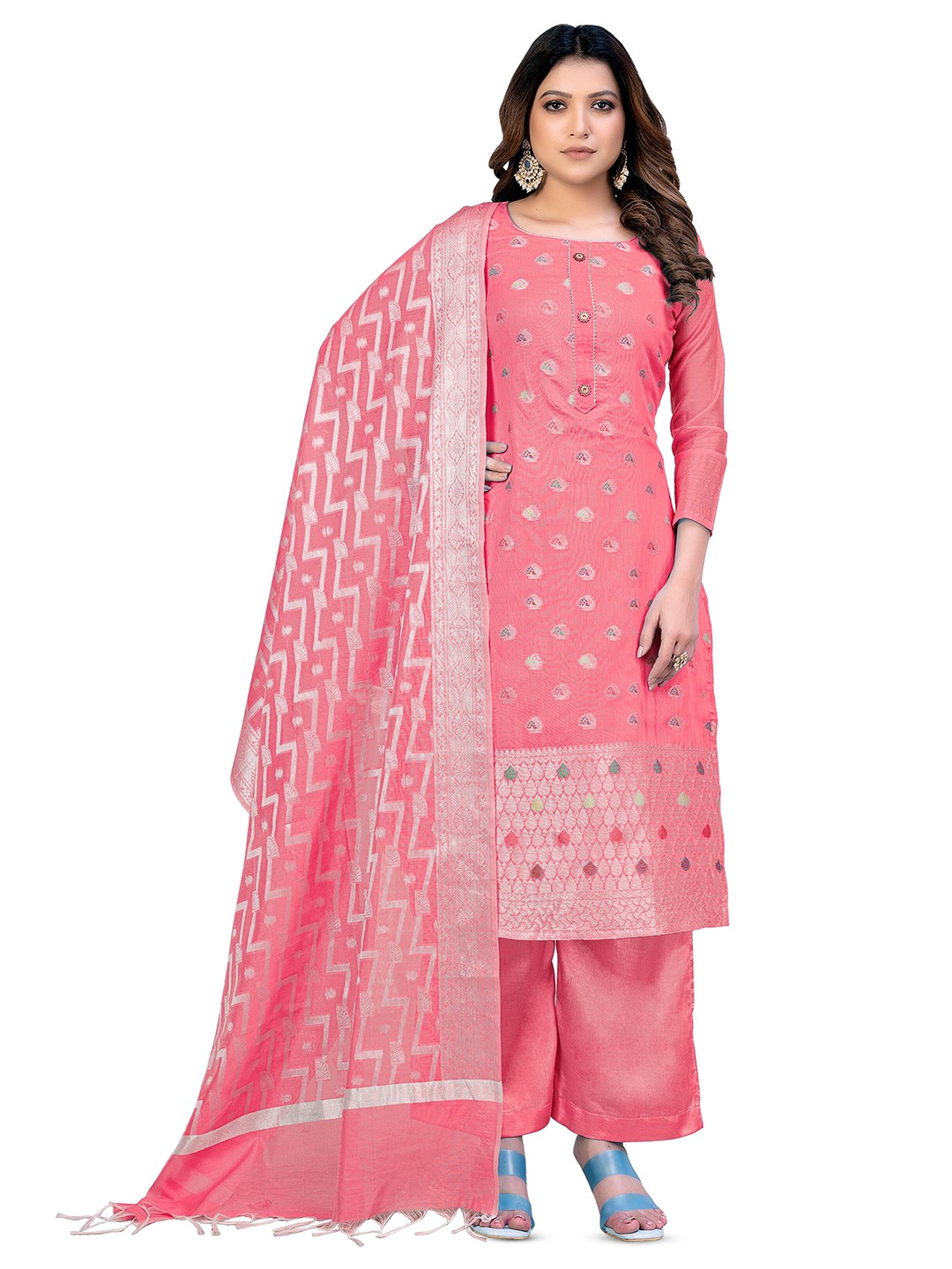 

MANVAA Ethnic Motifs Woven Design Unstitched Dress Material, Peach
