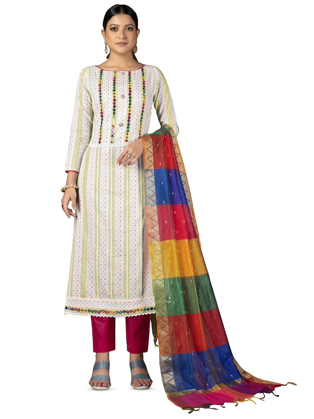 

MANVAA Striped Unstitched Dress Material, White
