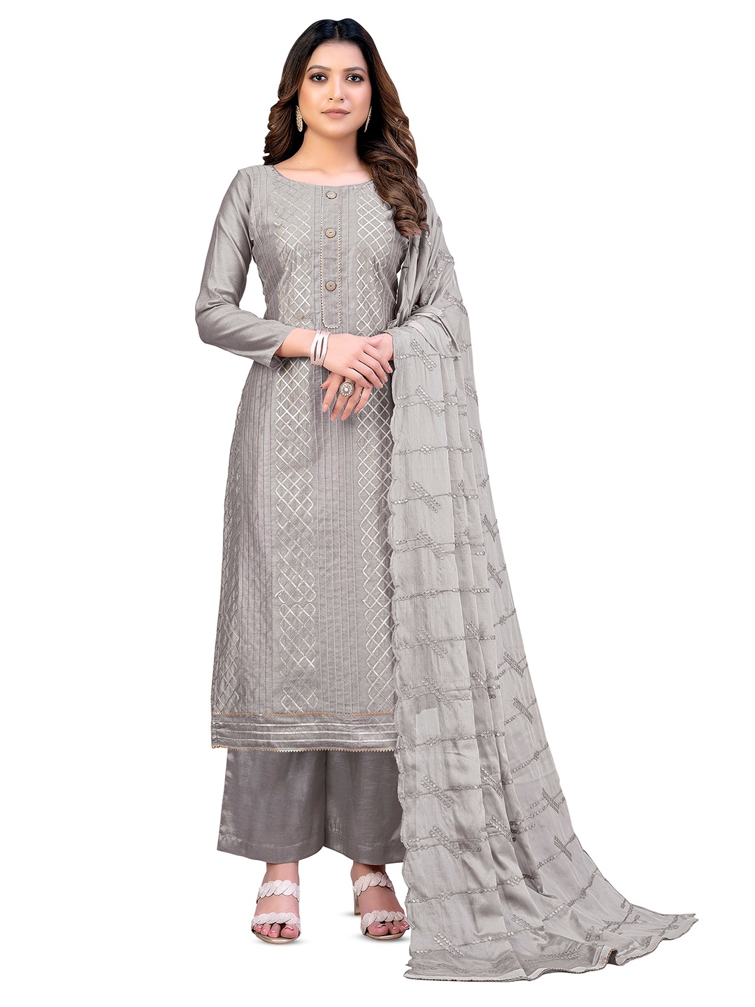 

MANVAA Grey Embellished Unstitched Dress Material