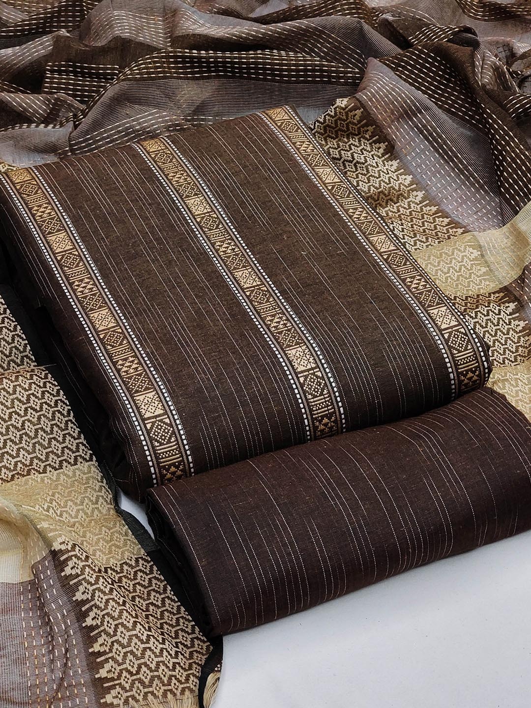 

MANVAA Woven Design Unstitched Dress Material, Brown