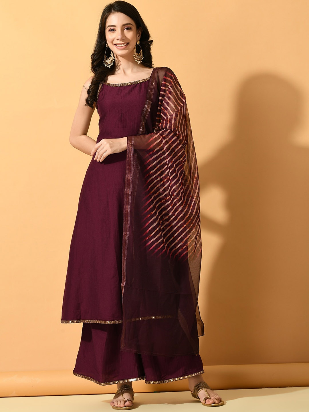 

Sangria Shoulder Straps Anarkali Kurta & Palazzos With Dupatta, Violet
