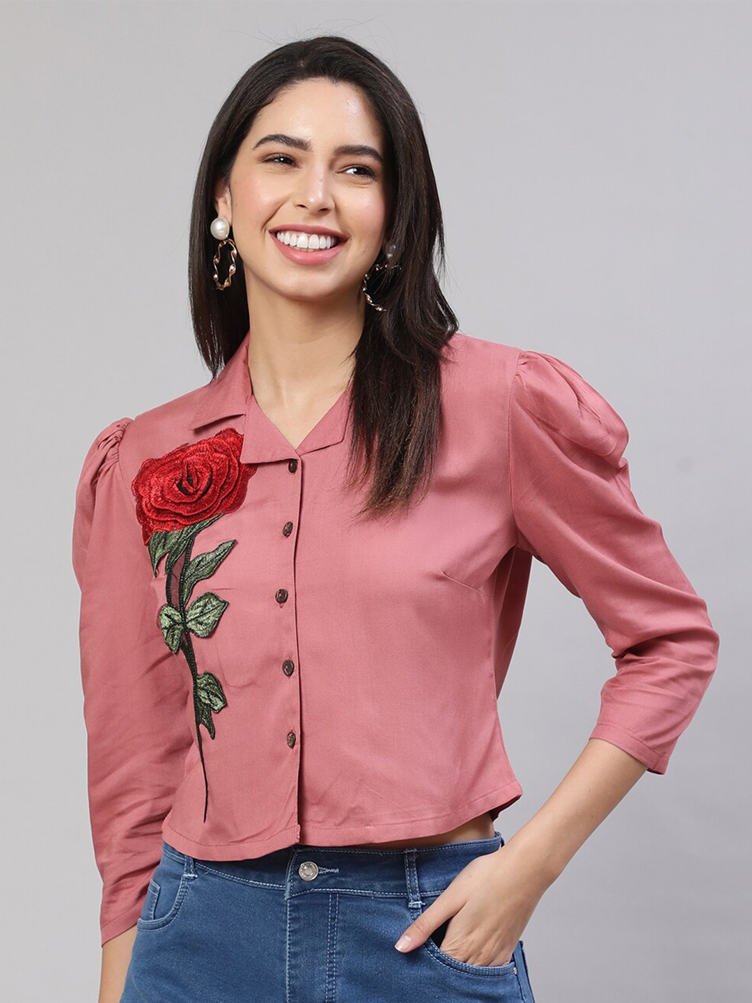 

AKIMIA Applique Puff Sleeves Shirt Collar Top, Pink