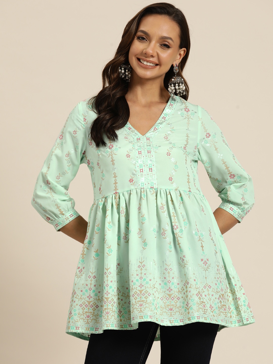 

HERE&NOW Floral Printed V-Neck Pleated A-Line Short Kurti, Green