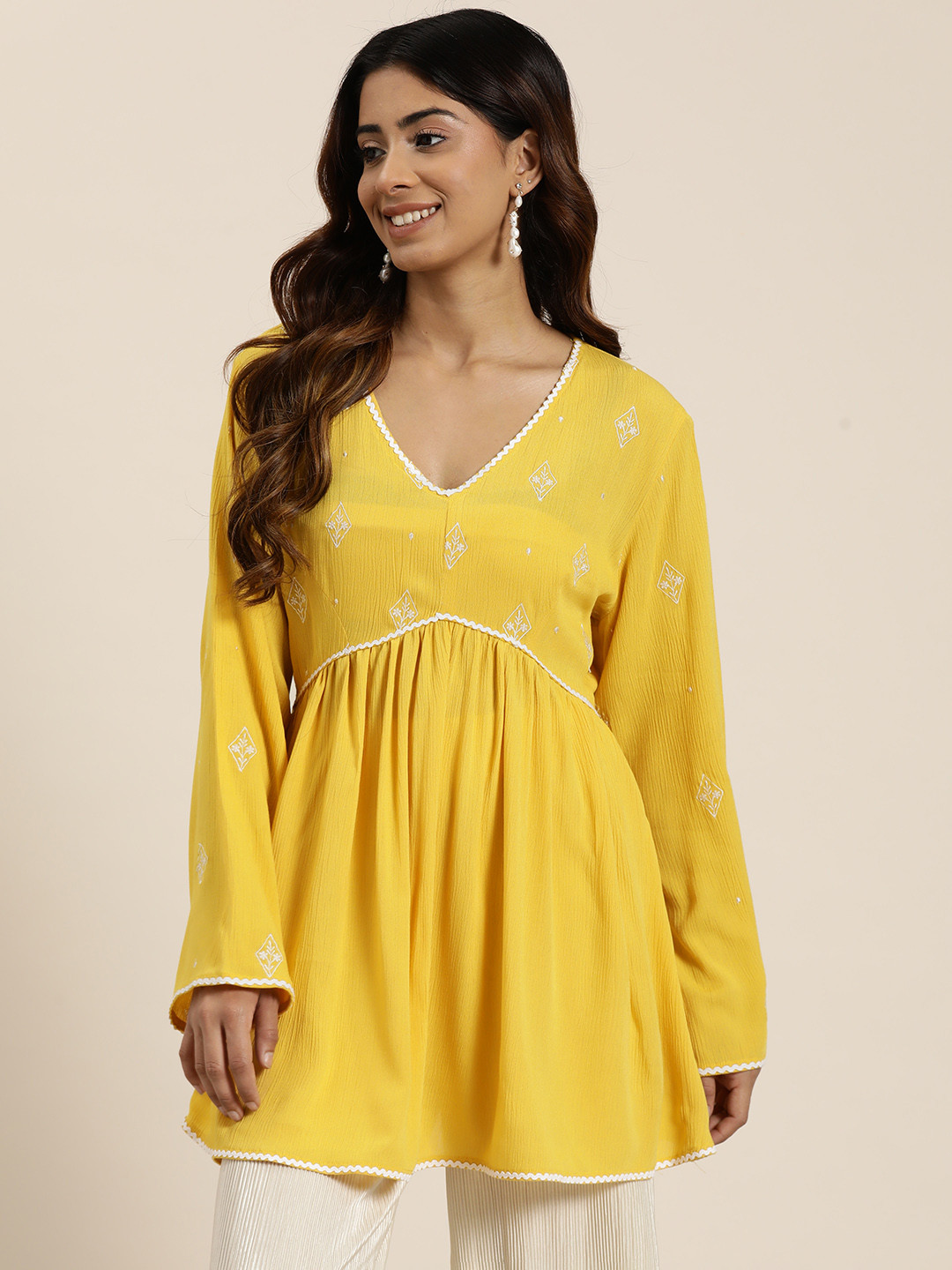

HERE&NOW Embroidered Empire Kurti, Mustard