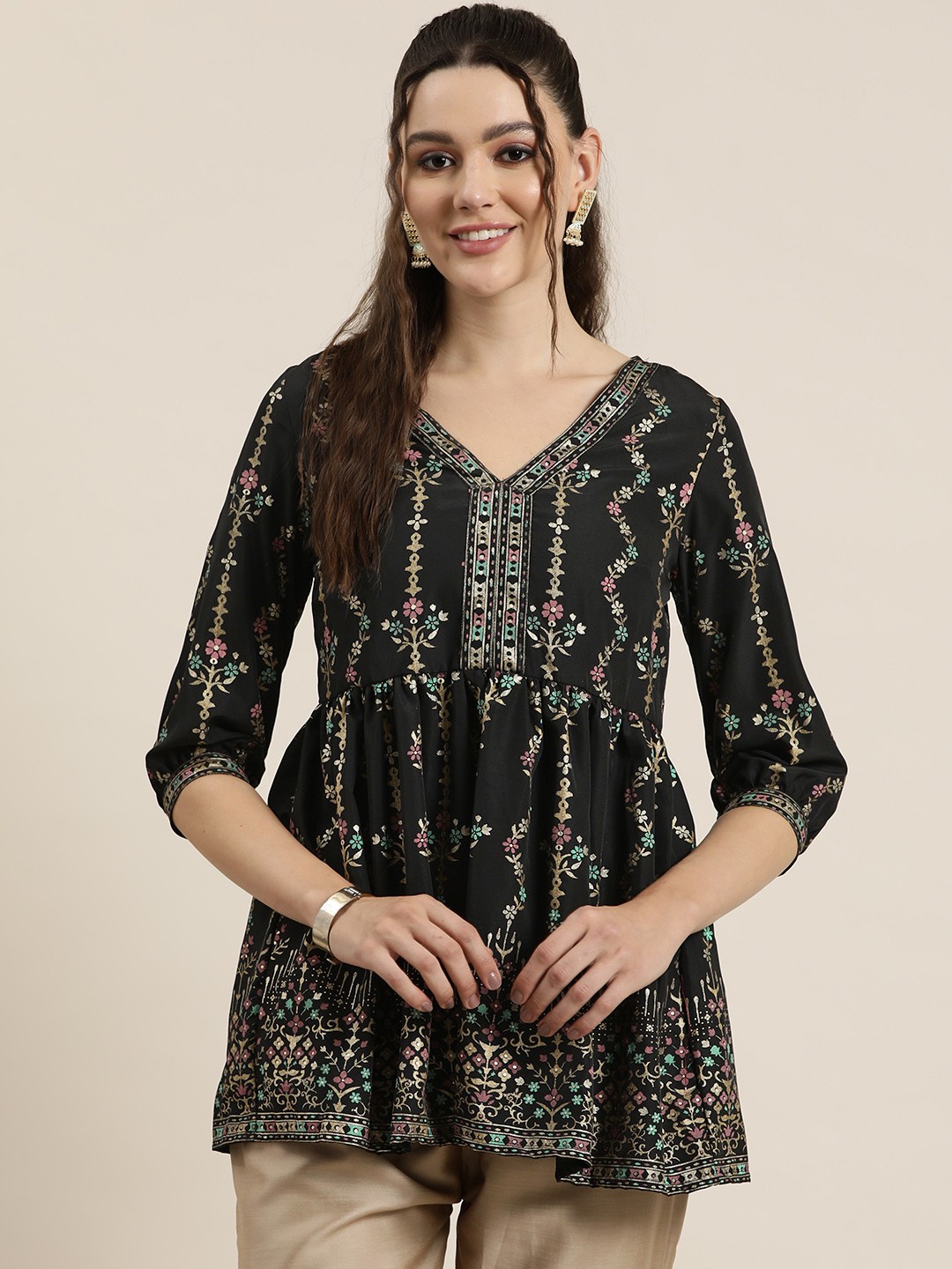 

HERE&NOW Ethnic Motifs Printed A-Line Kurti, Black