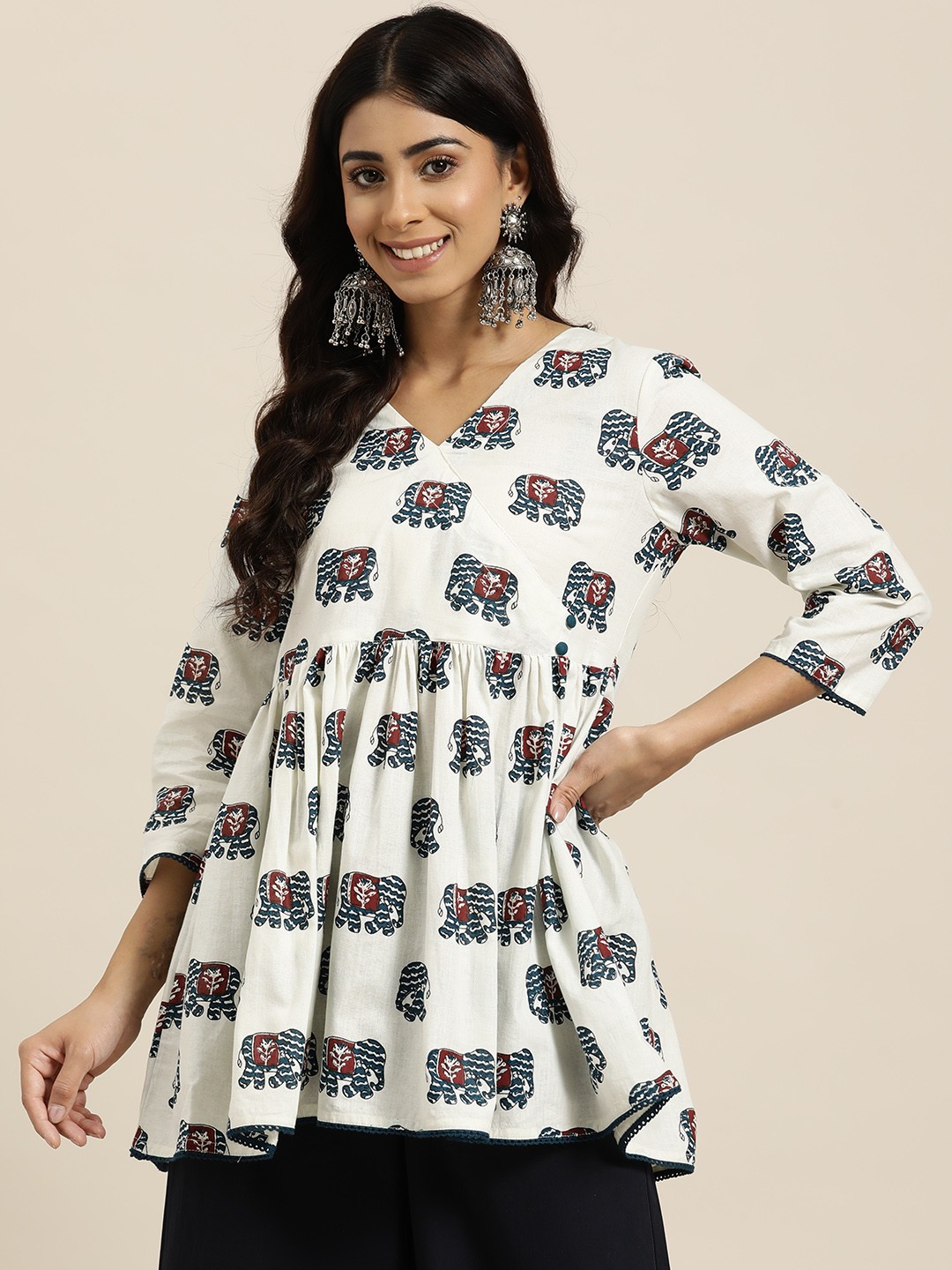

HERE&NOW Printed V-Neck Pleated Kurti, White
