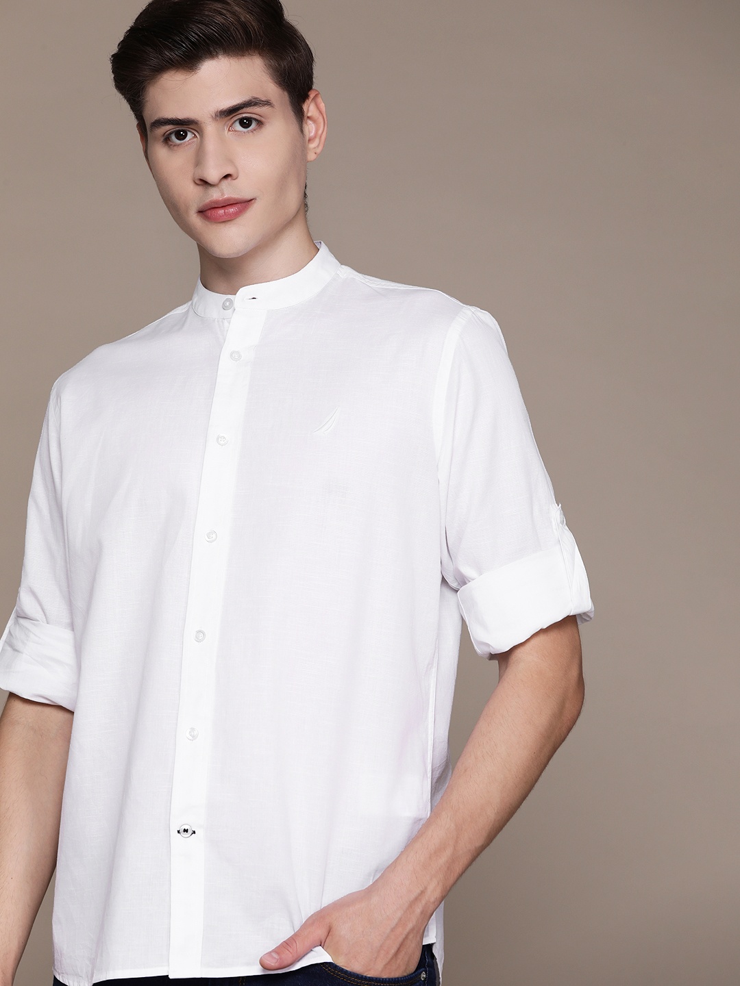 

Nautica Men Band Collar Roll-Up Sleeves Pure Cotton Shirt, White