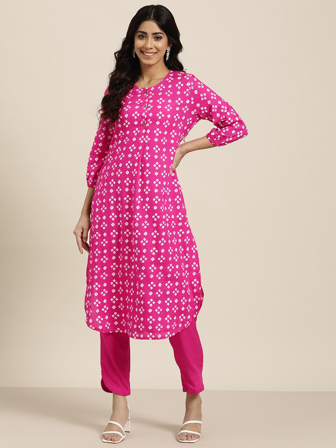 

HERE&NOW Bandhani Print Pleated Kurta with Trousers, Pink