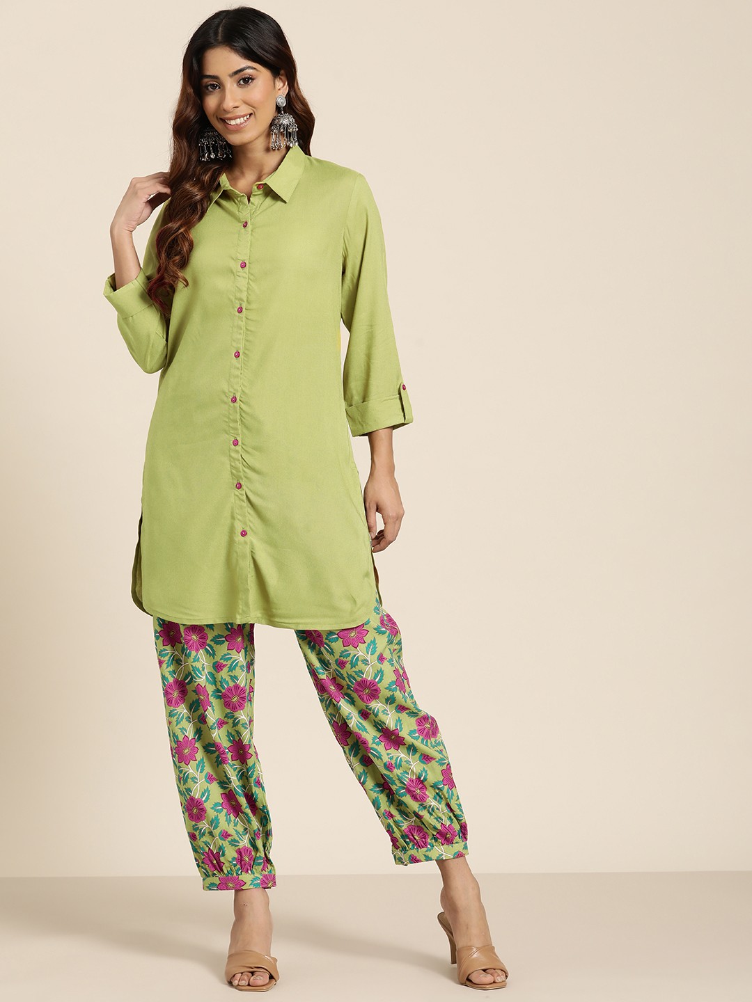 

HERE&NOW Women Shirt Kurta with Floral Salwar, Green