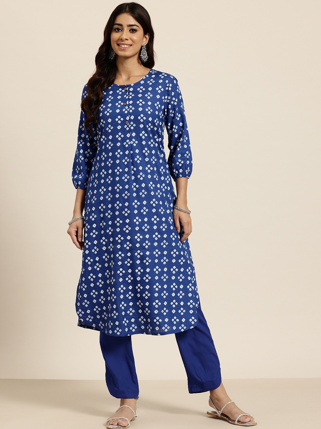 

HERE&NOW Women Bandhani Printed Kurta with Trousers, Blue