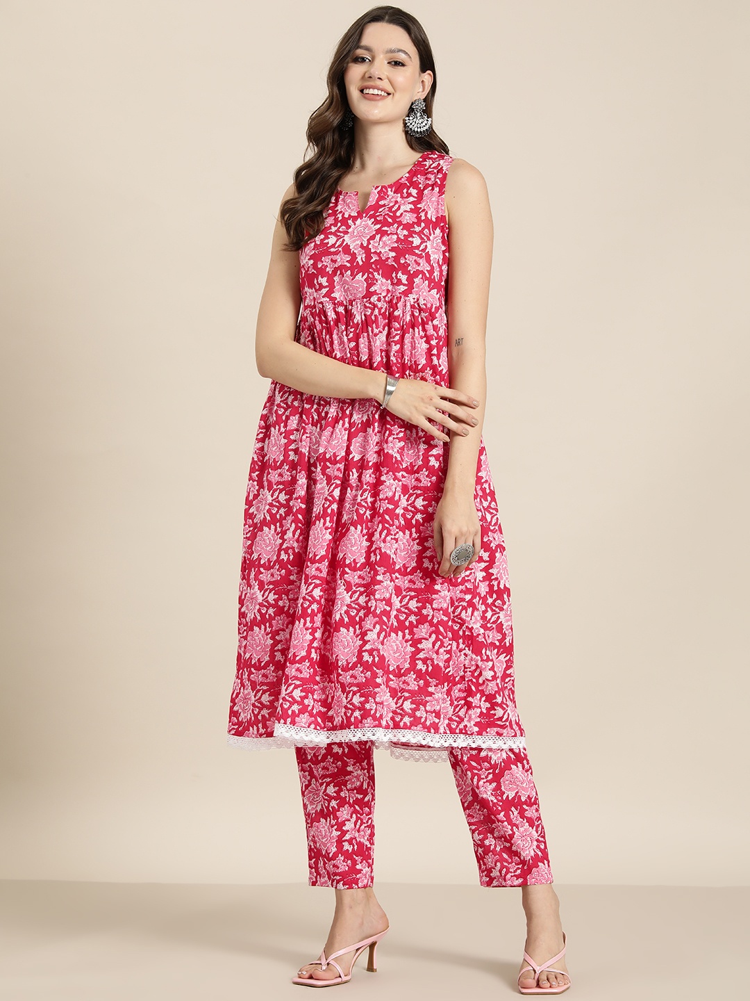 

HERE&NOW Floral Printed Pure Cotton Kurta Set, Pink