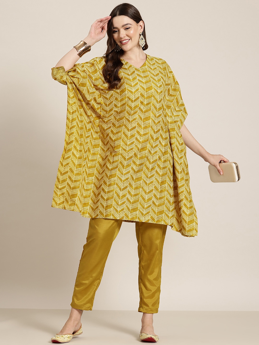 

HERE&NOW Printed Mirror Work Kaftan Kurta with Trousers, Mustard