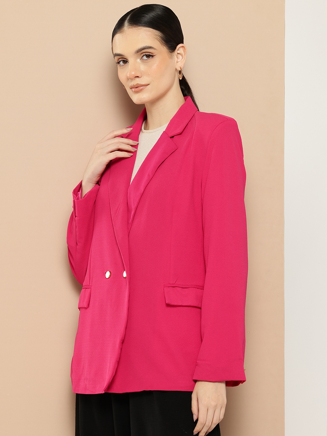 

INVICTUS Notched Lapel Textured Longline Blazer, Pink
