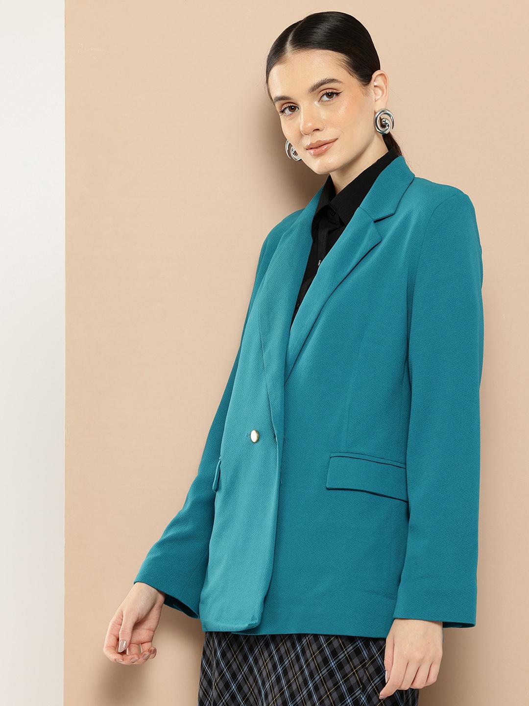 

INVICTUS Notched Lapel Textured Longline Blazer, Teal