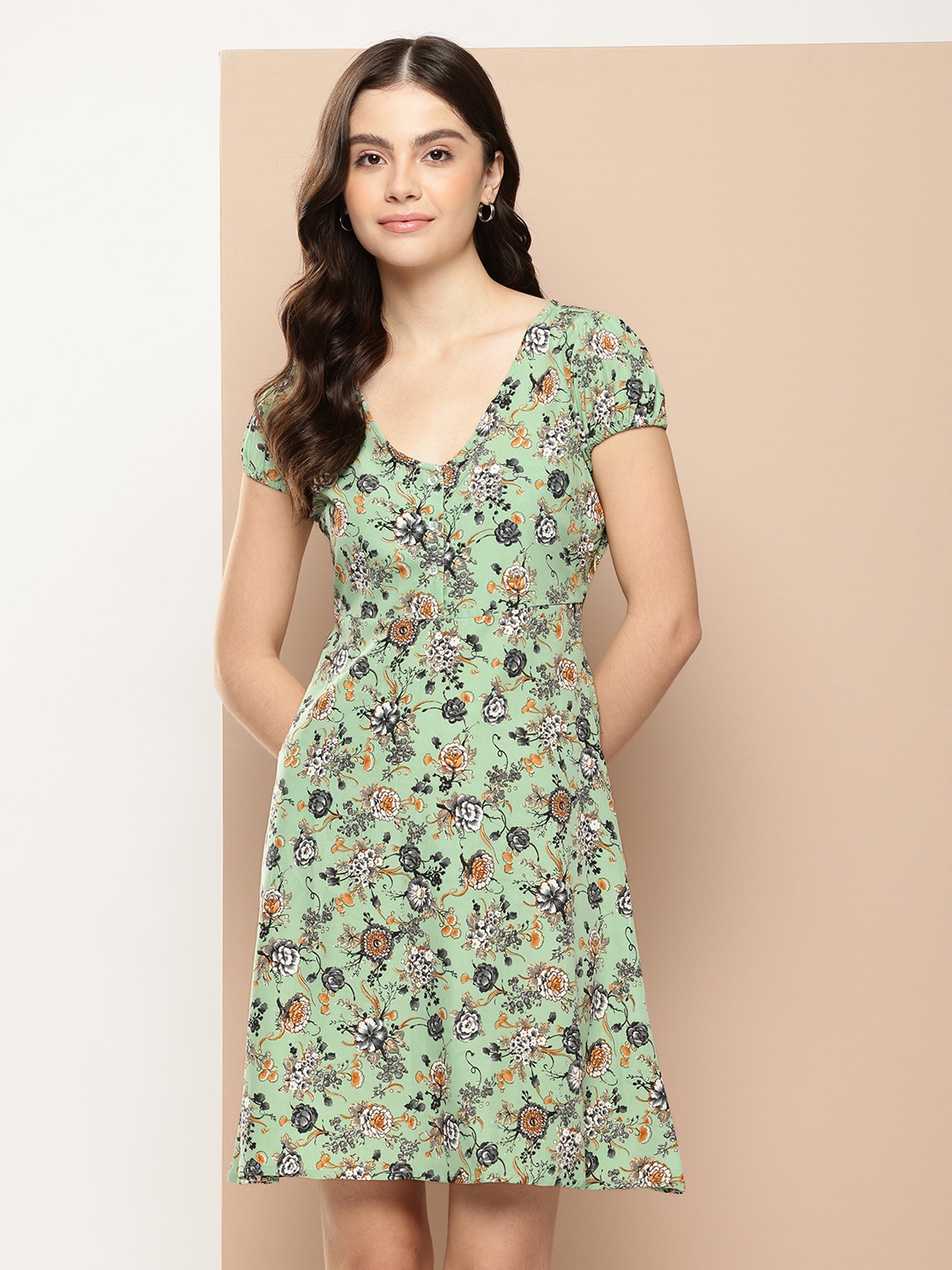encore by INVICTUS Floral Printed Puff Sleeve A-Line Dress, Green