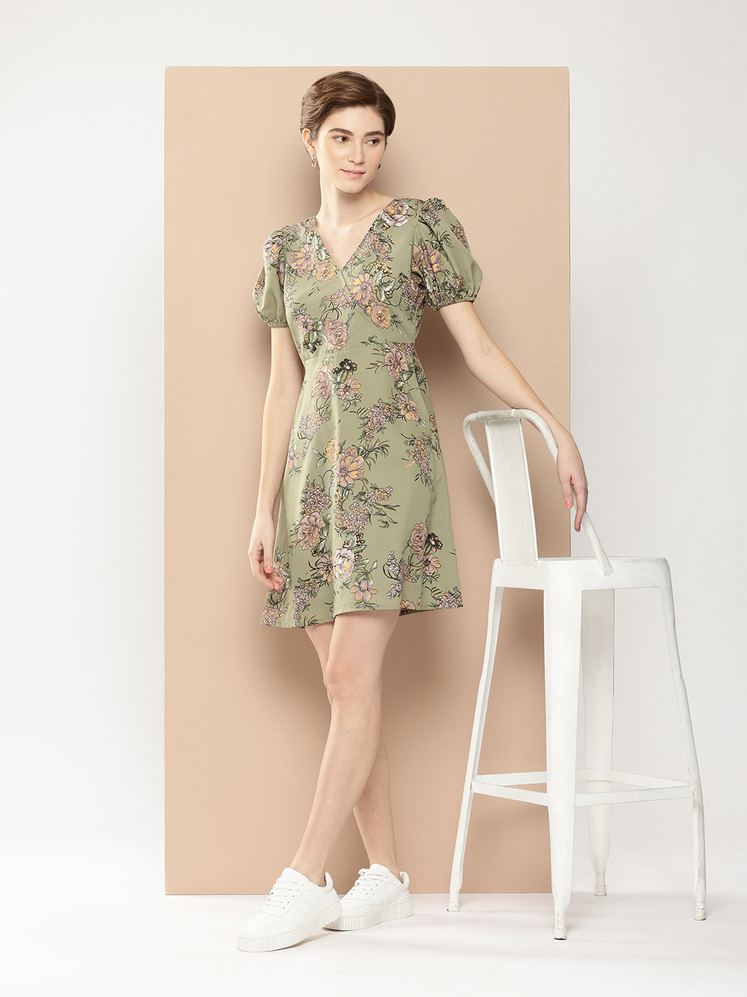 

encore by INVICTUS Floral Print Puff Sleeve A-Line Dress, Olive