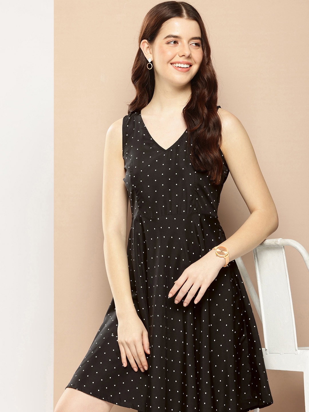 encore by INVICTUS Polka Dot Printed A-Line Dress, Black
