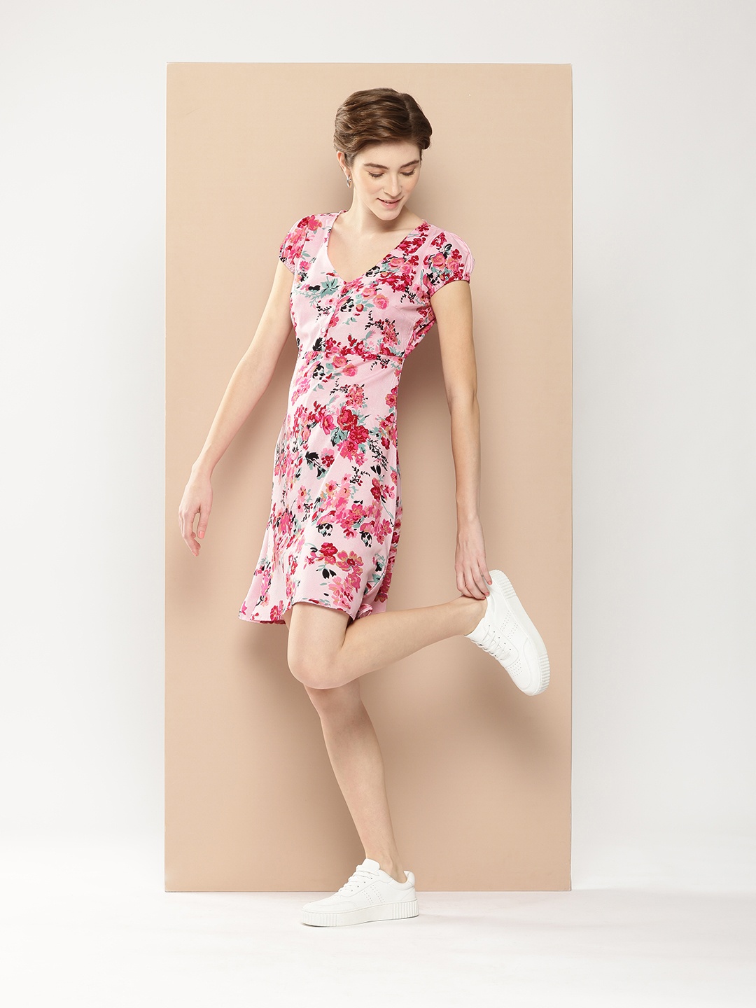 

encore by INVICTUS Floral Print V-Neck A-Line Dress, Pink