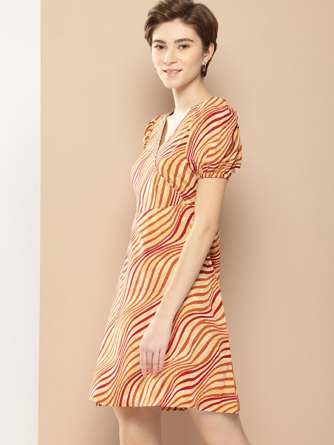

encore by INVICTUS Striped Puff Sleeve Wrap Style A-Line Dress, Mustard