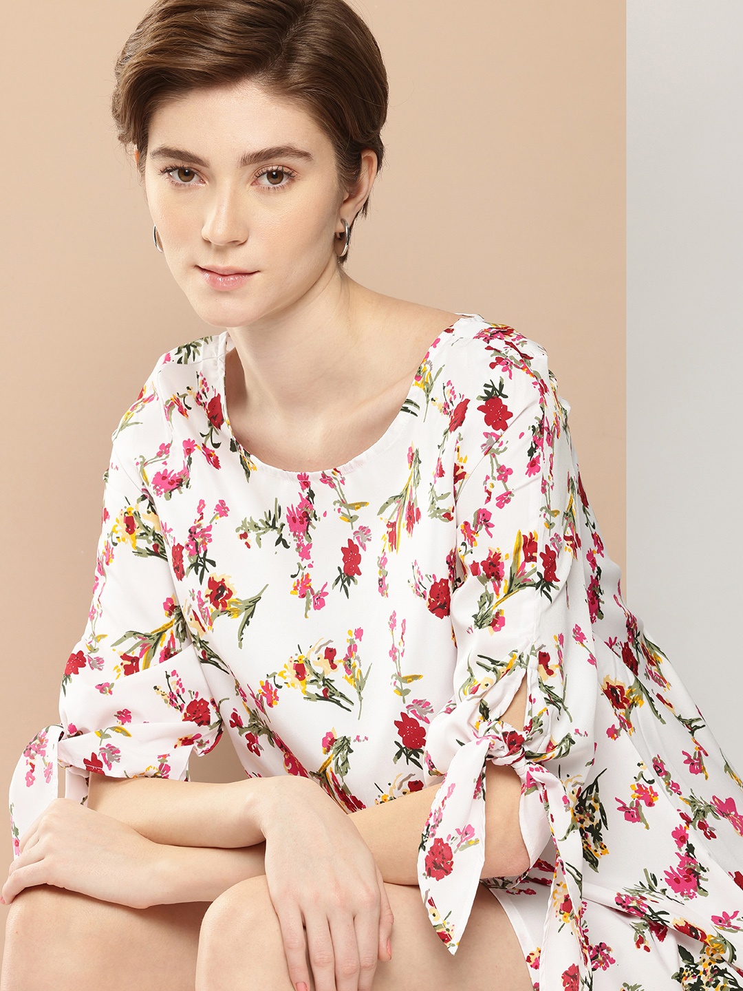 

encore by INVICTUS Floral Print Sheath Dress with Sleeve Tie-Up, White
