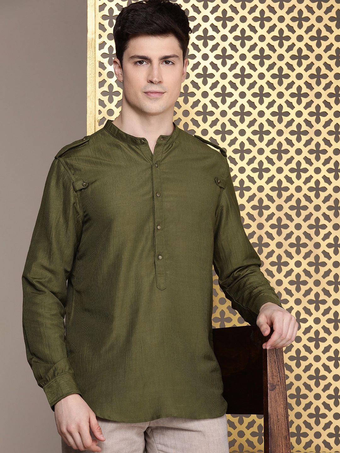 

House of Pataudi Solid Rozana Short Kurta, Olive