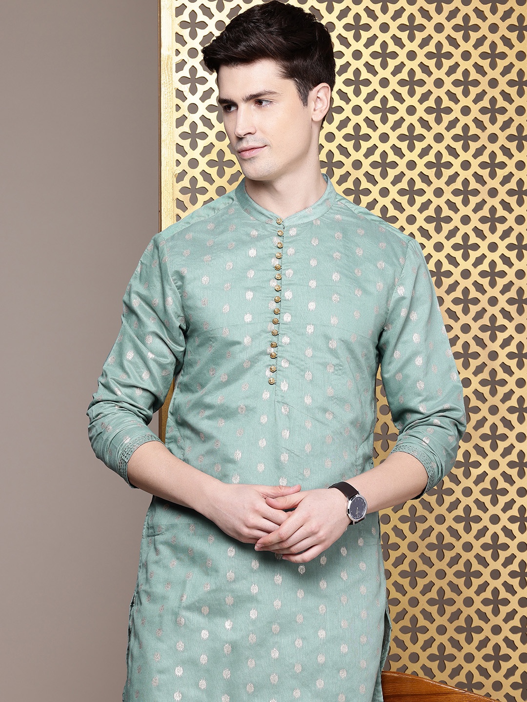 

House of Pataudi Woven Design Regular Jashn Kurta With Churidar, Green