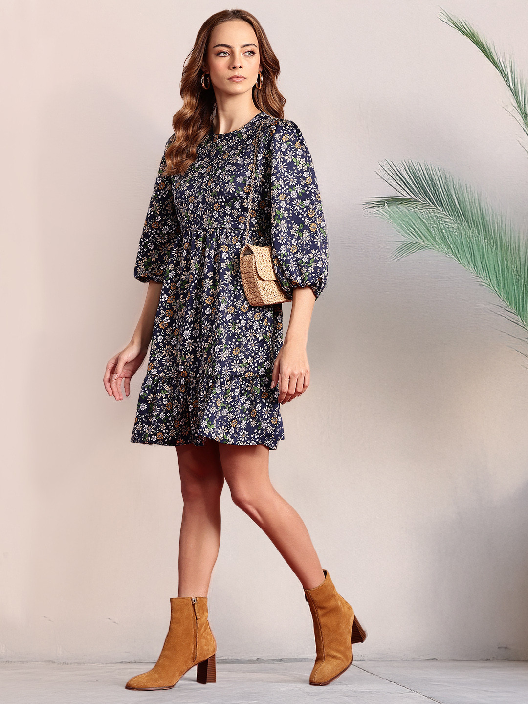

all about you Floral Print Puff Sleeve A-Line Mini Dress, Navy blue