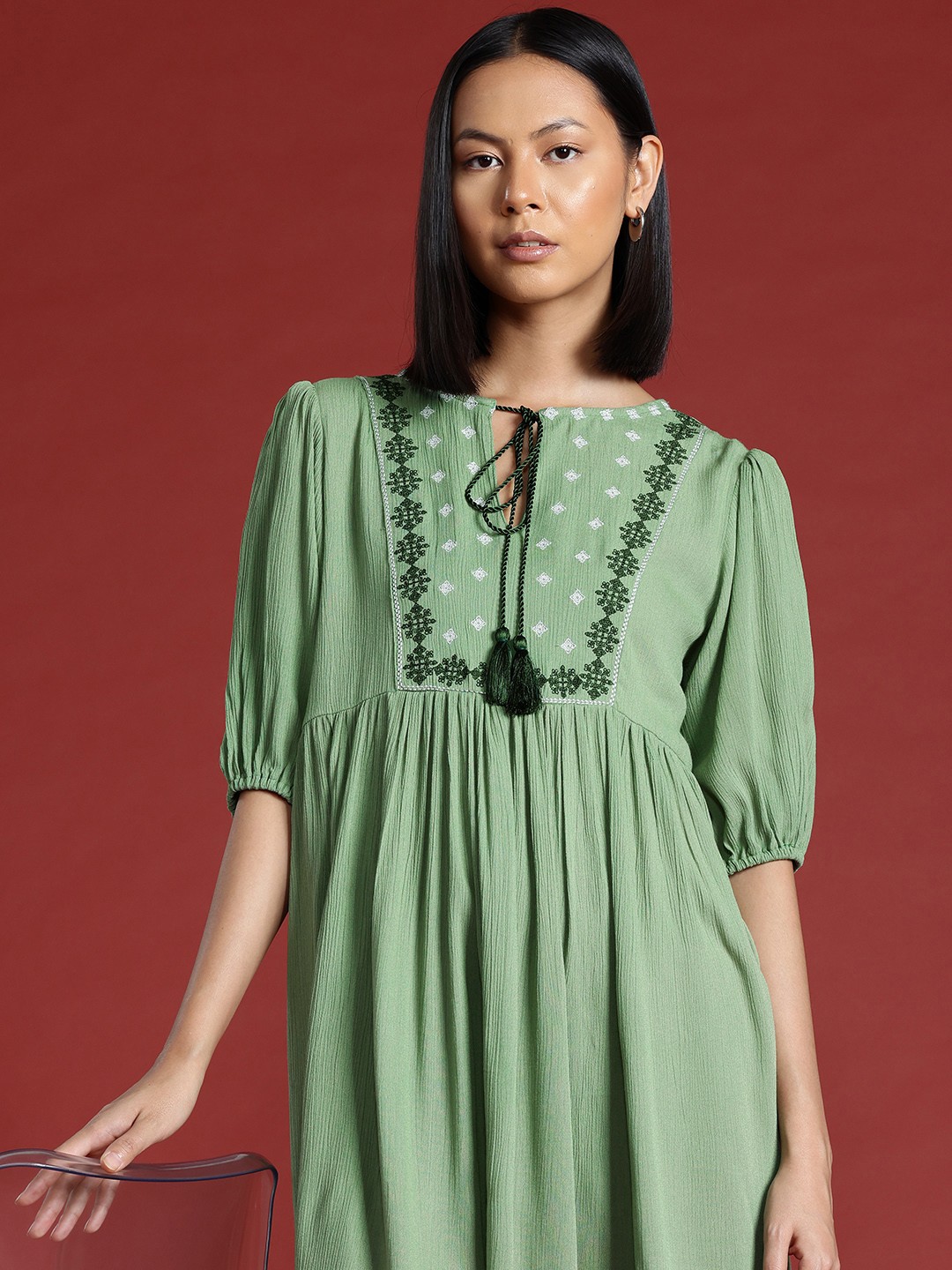

all about you Embroidered Tie-Up Neck A-Line Dress, Green