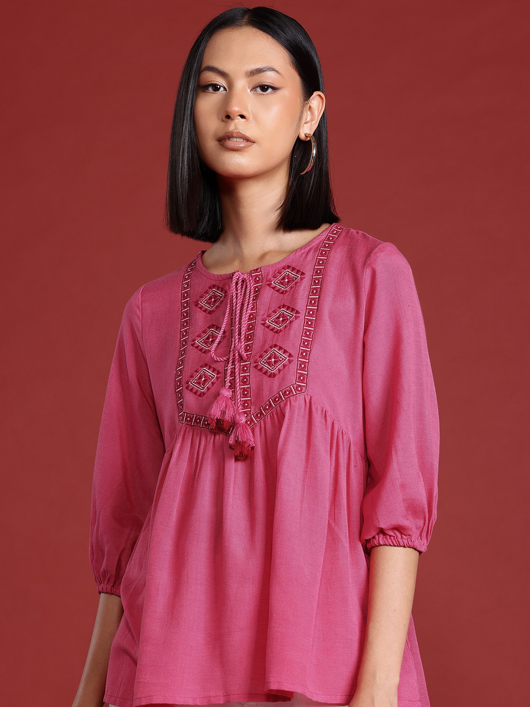 

Routes by All About You Embroidered Tie-Up Neck Puff Sleeves Top, Pink