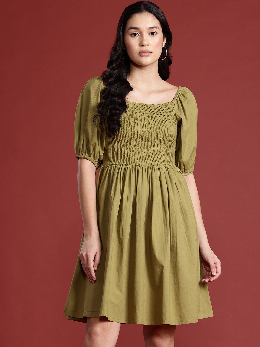 

all about you Cotton Smocked Detail Fit & Flare Dress, Olive