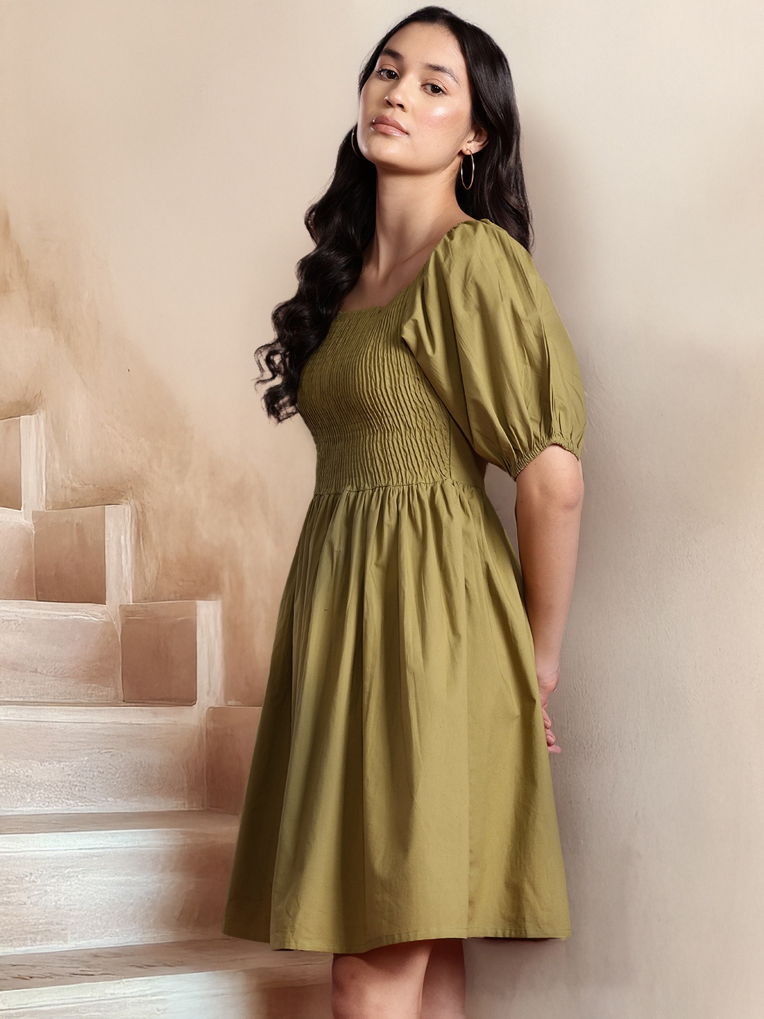 

all about you Cotton Smocked Detail Fit & Flare Dress, Olive