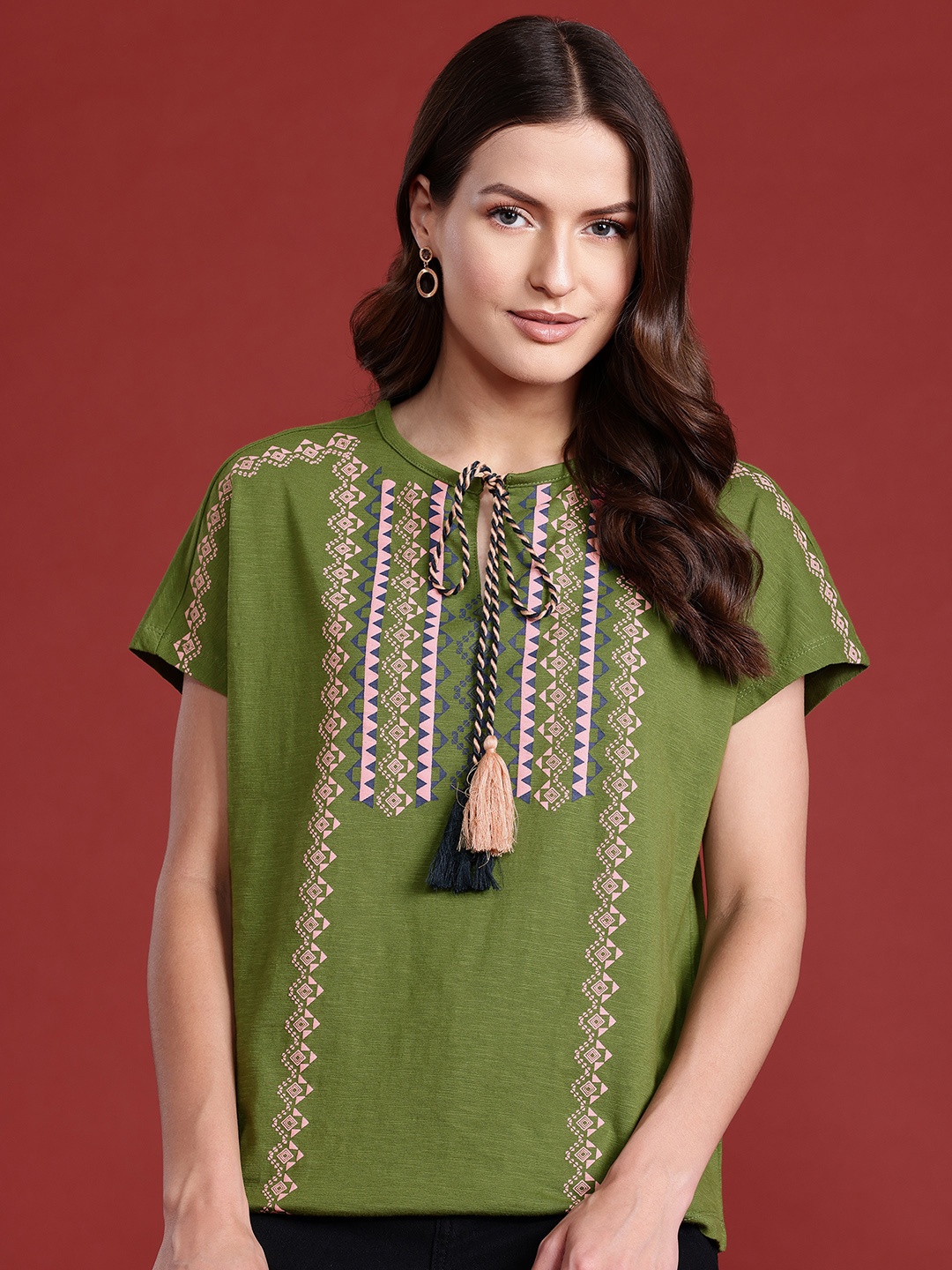 

Routes by All About You Printed Tie-Up Neck Cotton Top, Green