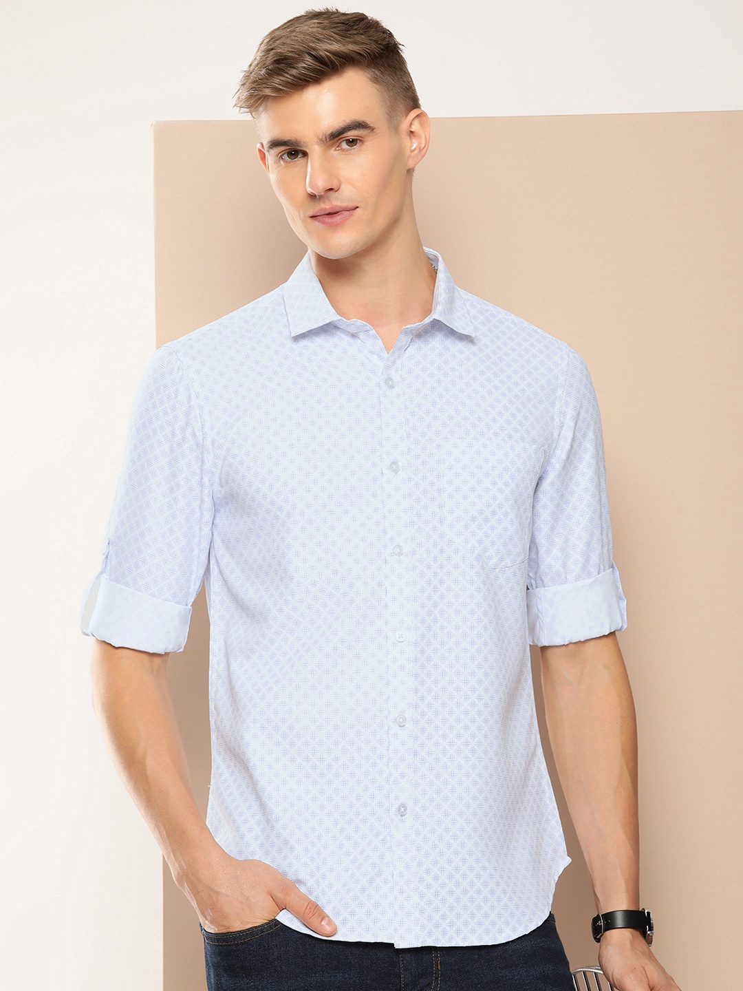 

encore by INVICTUS Geometric Printed Casual Shirt, White