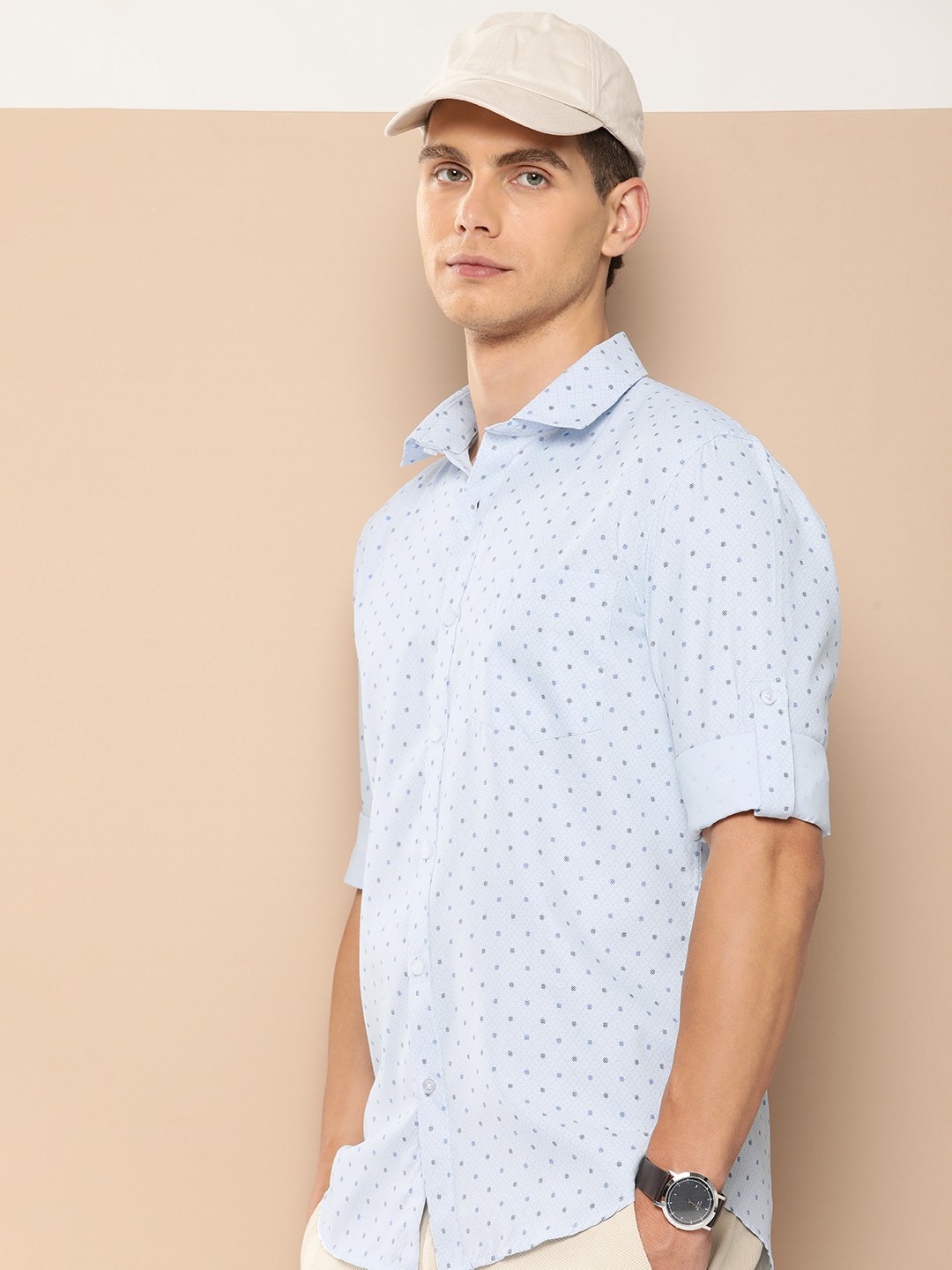 

encore by INVICTUS Geometric Printed Roll-Up Sleeves Casual Shirt, Blue