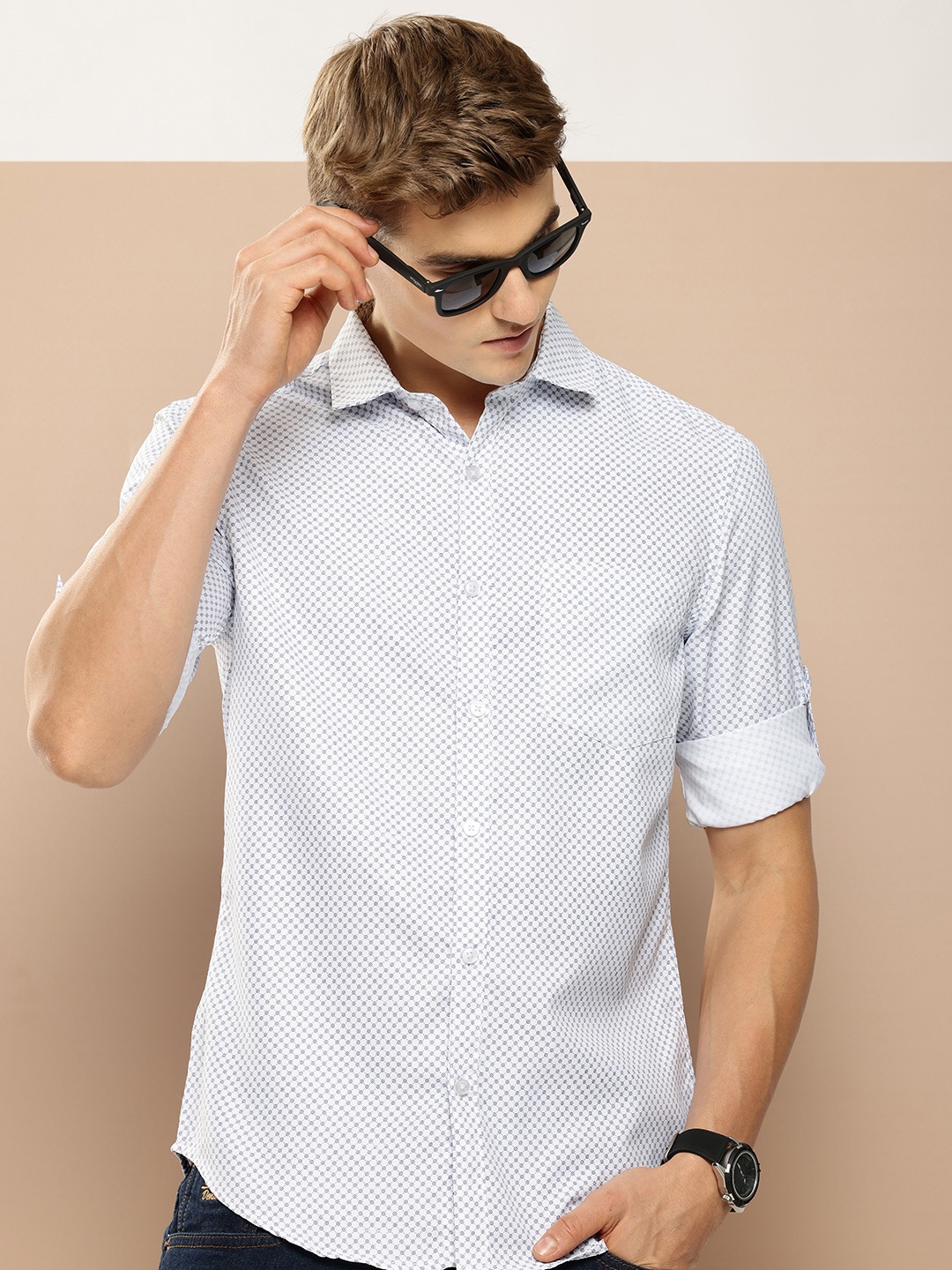 

encore by INVICTUS Geometric Printed Casual Shirt, White