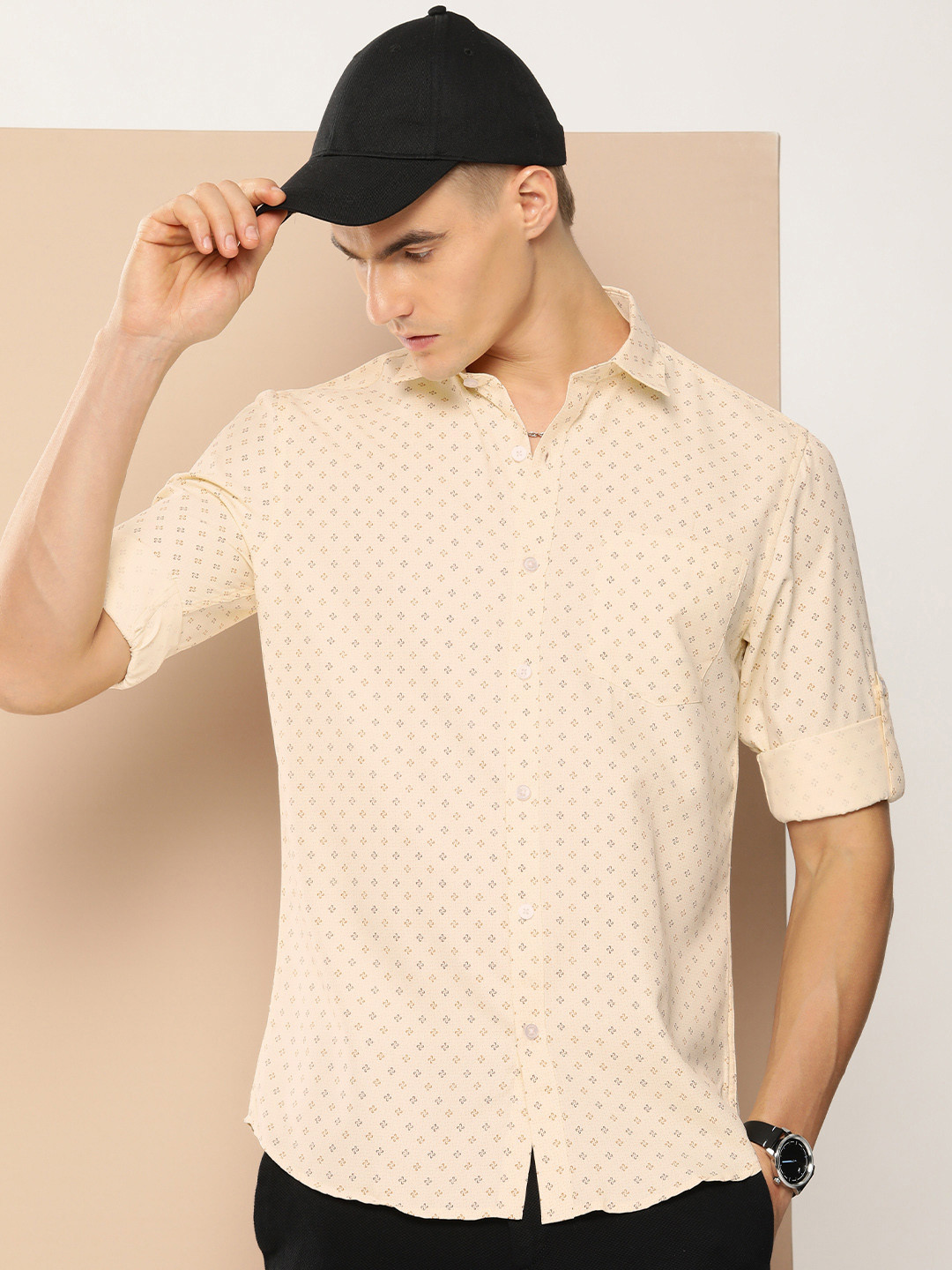 

encore by INVICTUS Geometric Printed Roll-Up Sleeves Casual Shirt, Beige