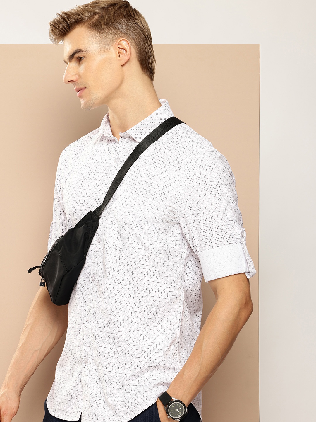

encore by INVICTUS Geometric Printed Roll-Up Sleeves Casual Shirt, White