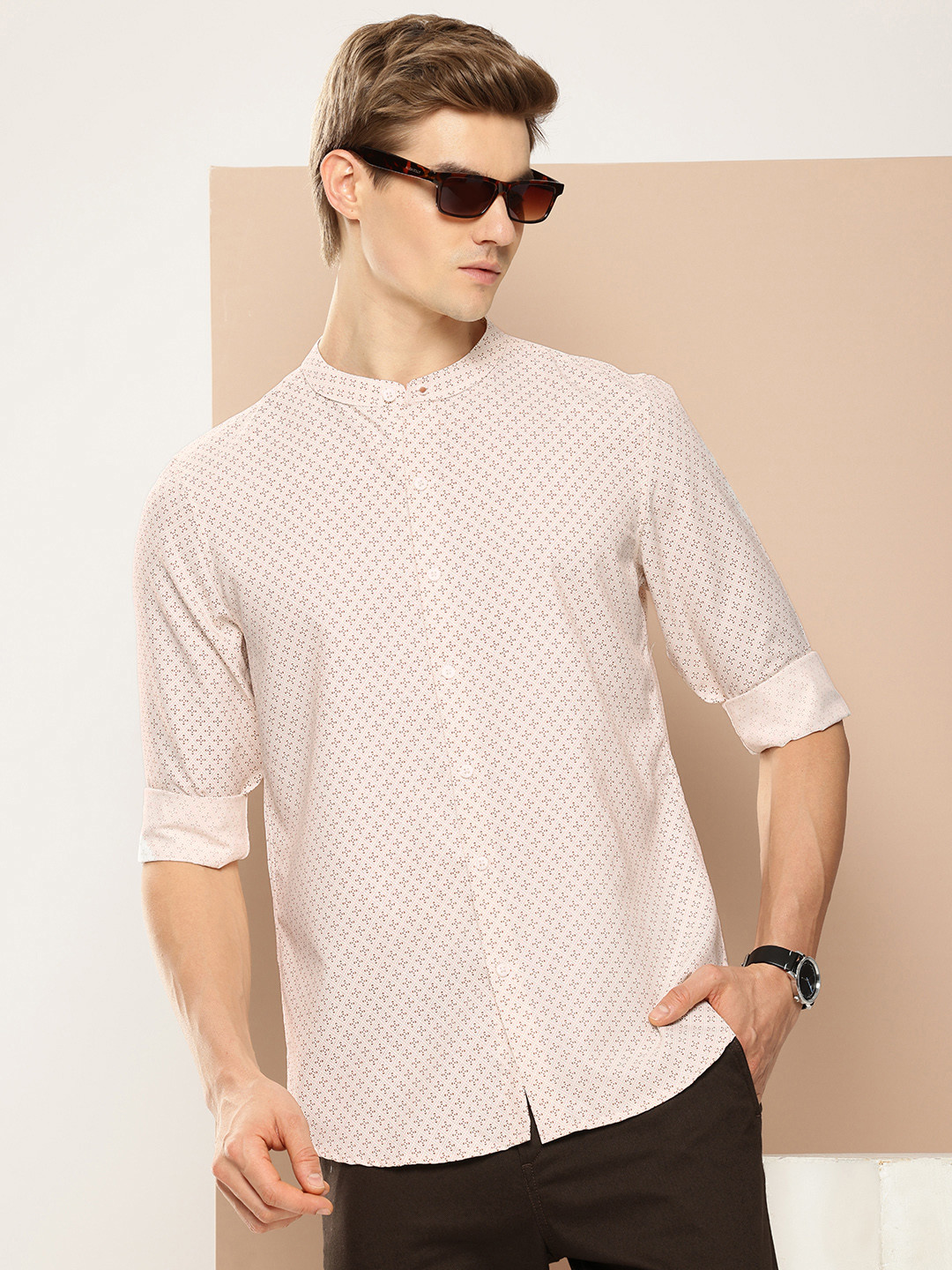 

encore by INVICTUS Geometric Printed Casual Shirt, Beige