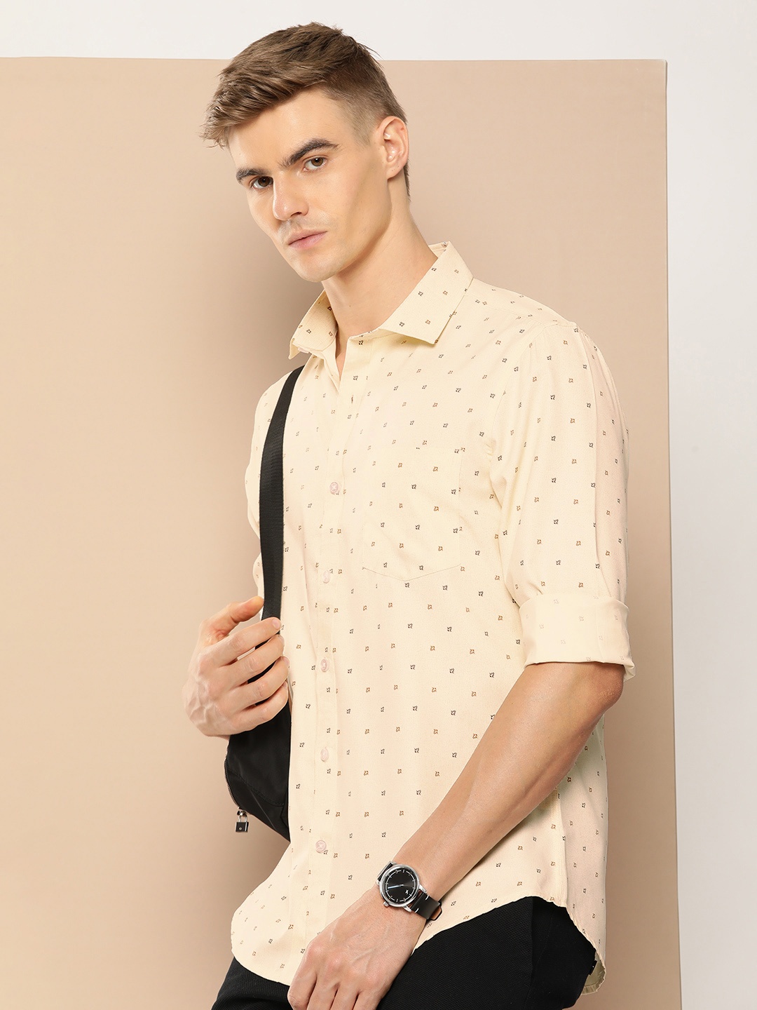 

encore by INVICTUS Geometric Printed Casual Shirt, Beige