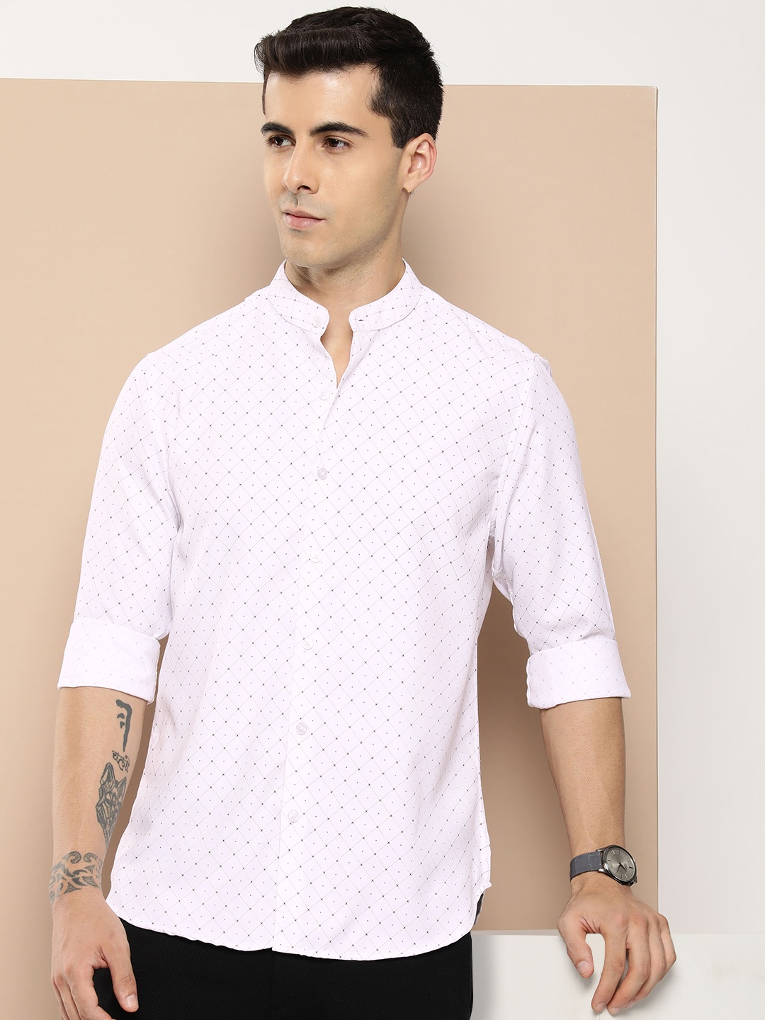 

encore by INVICTUS Geometric Printed Band Collar Casual Shirt, White