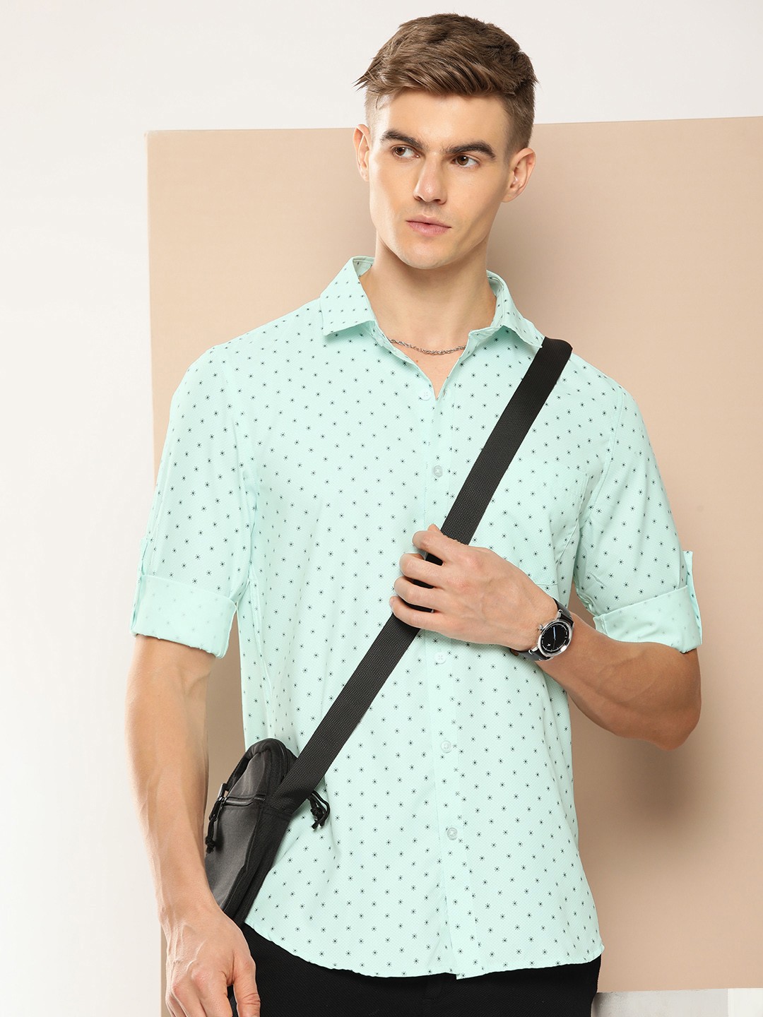 

encore by INVICTUS Geometric Printed Roll-Up Sleeves Casual Shirt, Green