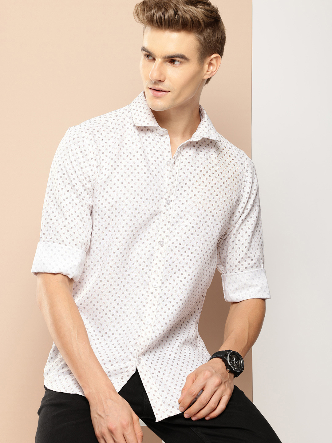 

encore by INVICTUS Opaque Geometric Printed Casual Shirt, White