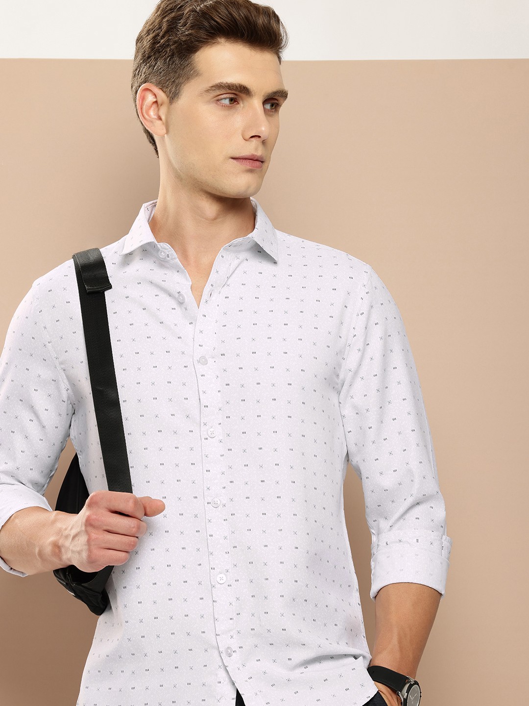 encore by INVICTUS Geometric Printed Casual Shirt, White