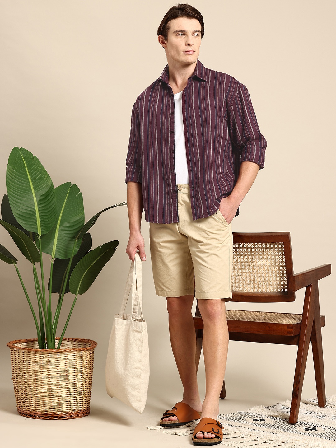 

Mast & Harbour Pure Cotton Opaque Striped Casual Shirt, Burgundy