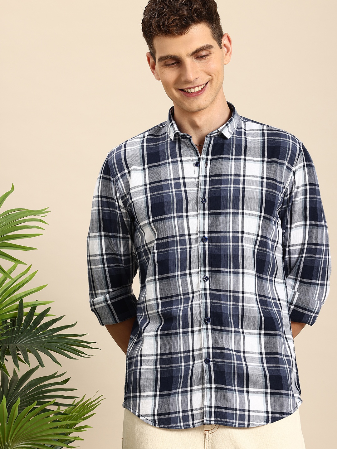 

Mast & Harbour Pure Cotton Opaque Checked Casual Shirt, Navy blue