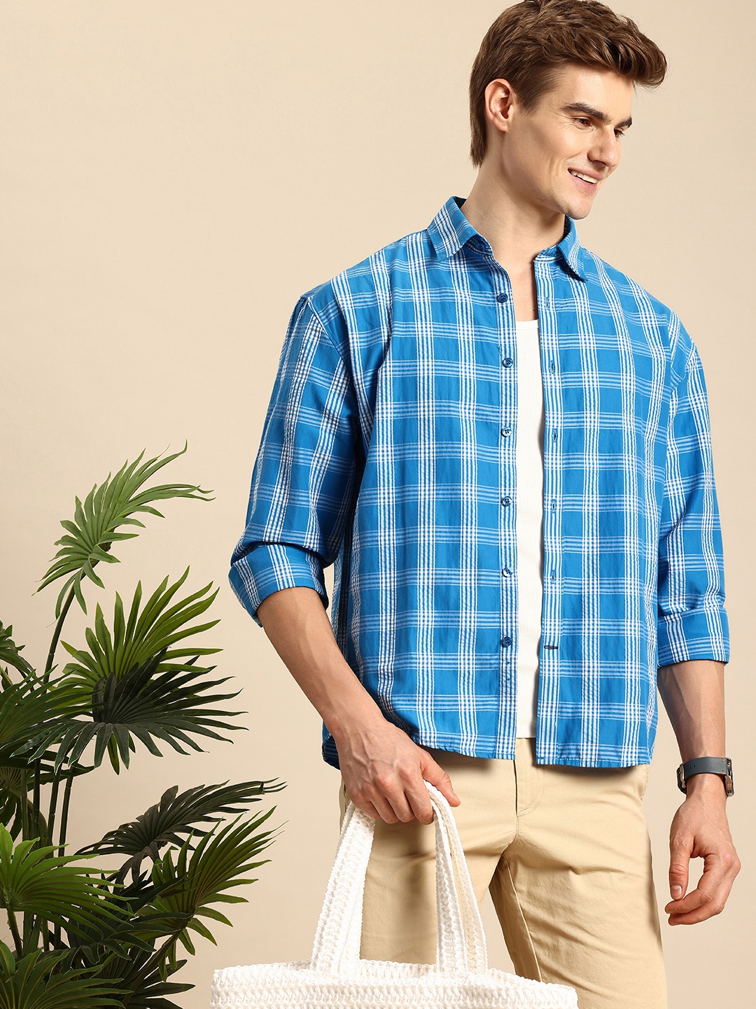 

Mast & Harbour Seersucker Tartan Checks Opaque Casual Shirt, Blue