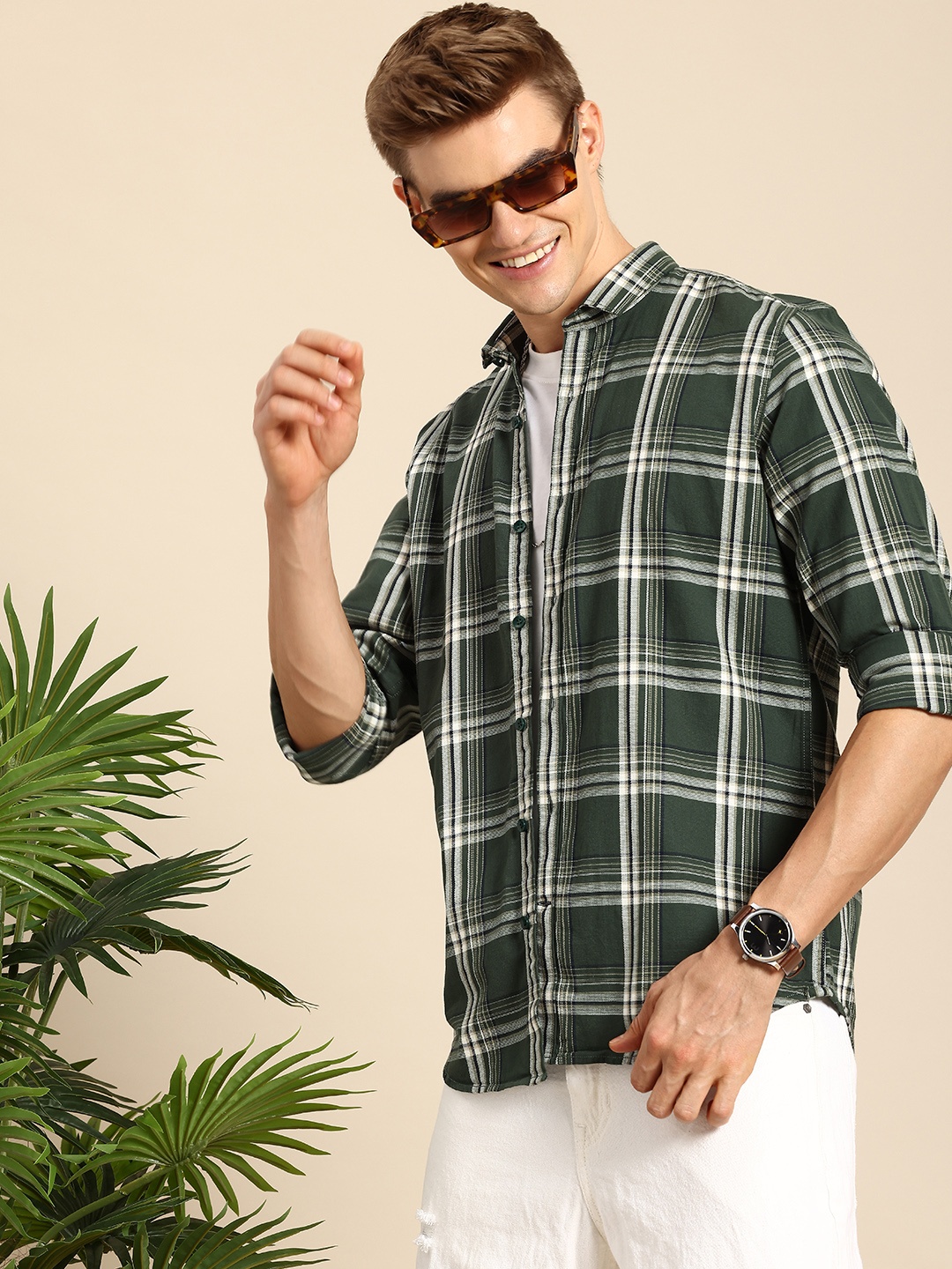 

Mast & Harbour Pure Cotton Checked Casual Shirt, Green