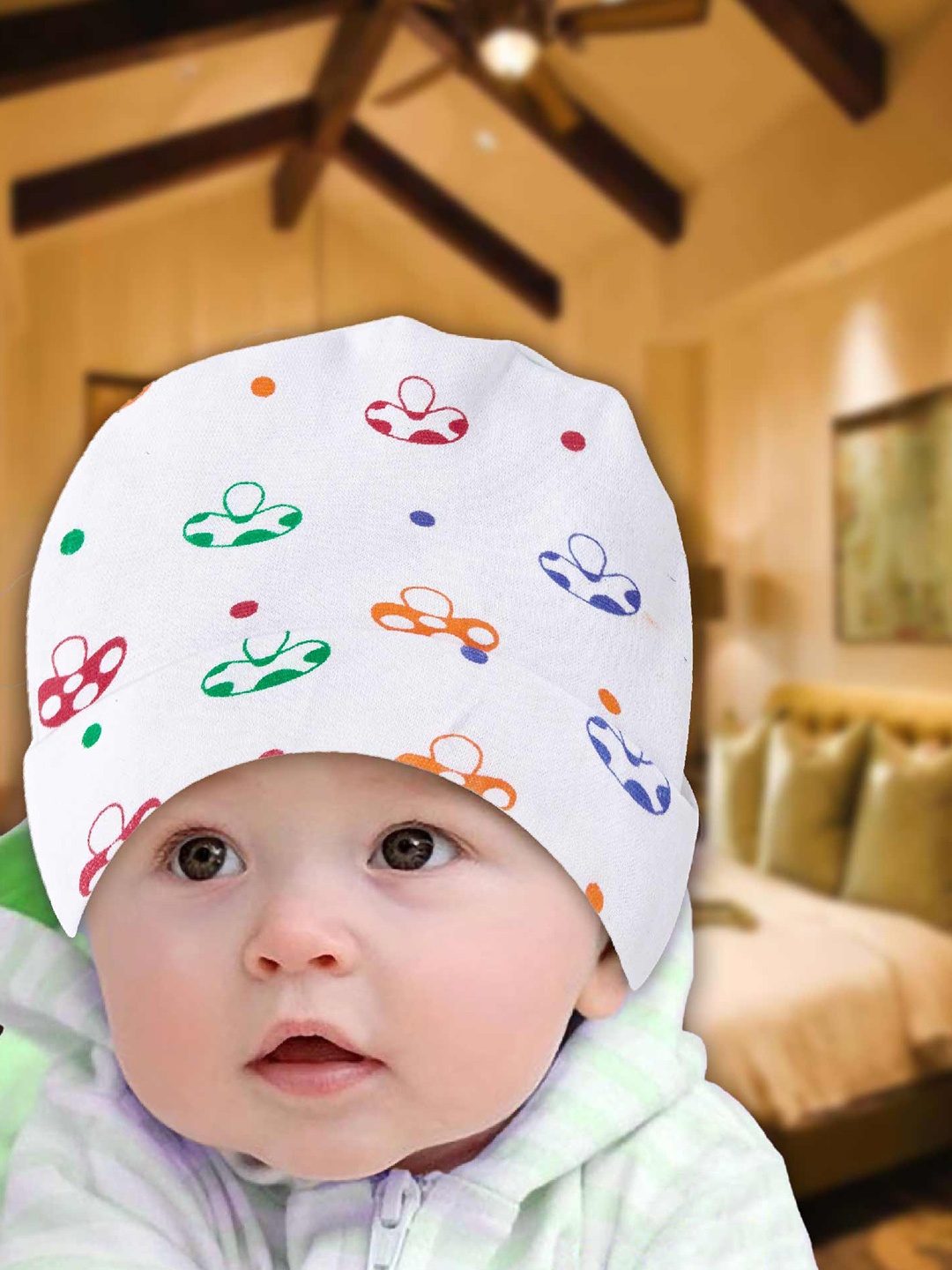 Babywish Kids Printed Cotton Beanie, White
