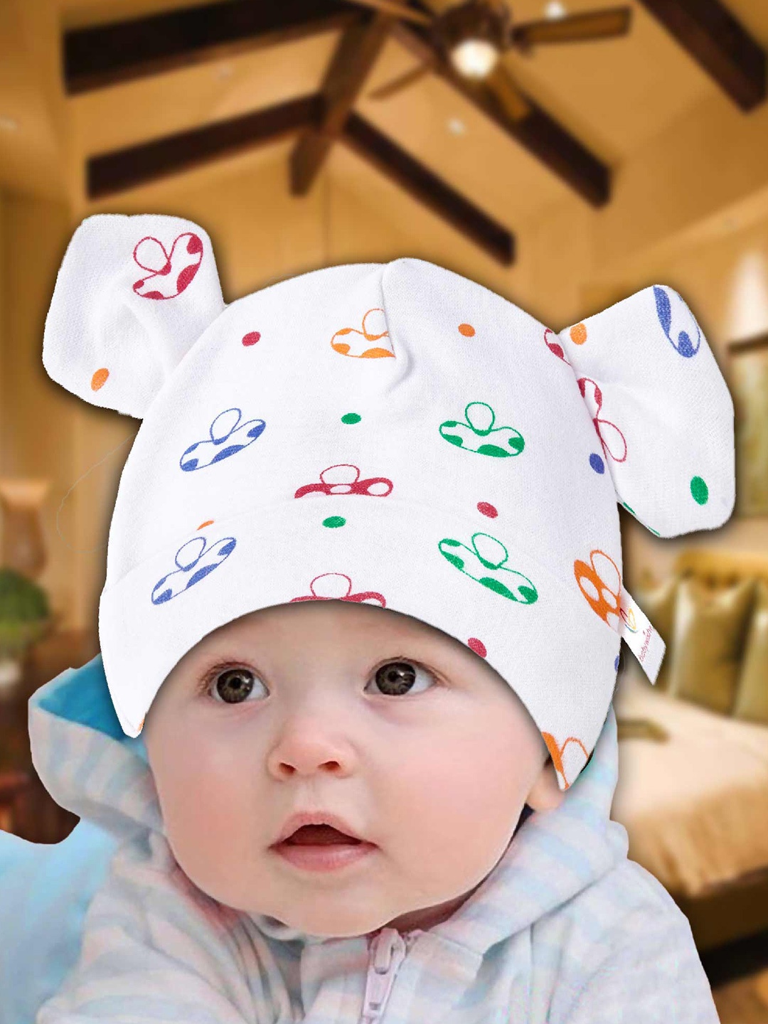 

Babywish Infants Pack Of 2 Mushroom Printed Pure Cotton Beanie, White