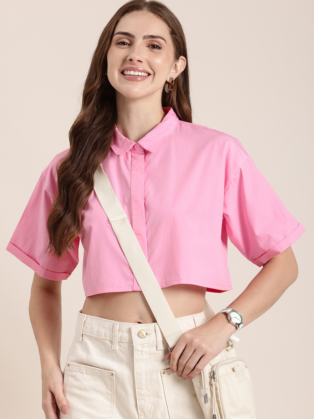 

HERE&NOW Boxy Pure Cotton Crop Casual Shirt, Pink